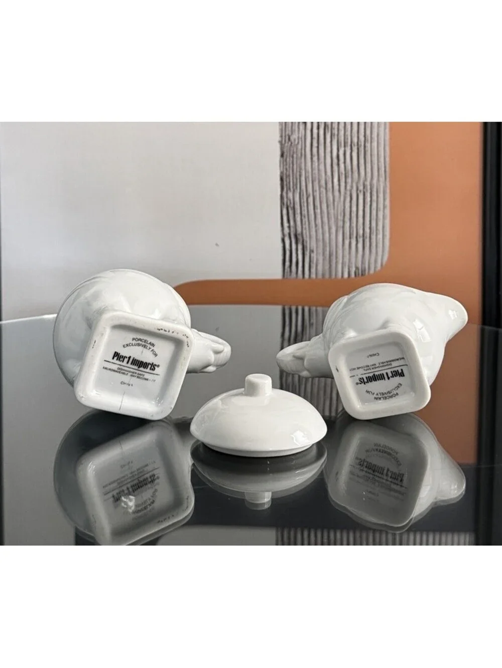 Pier 1 Elephant Creamer & Sugar Bowl Set with Lid Trunks Up White Elephant Gift